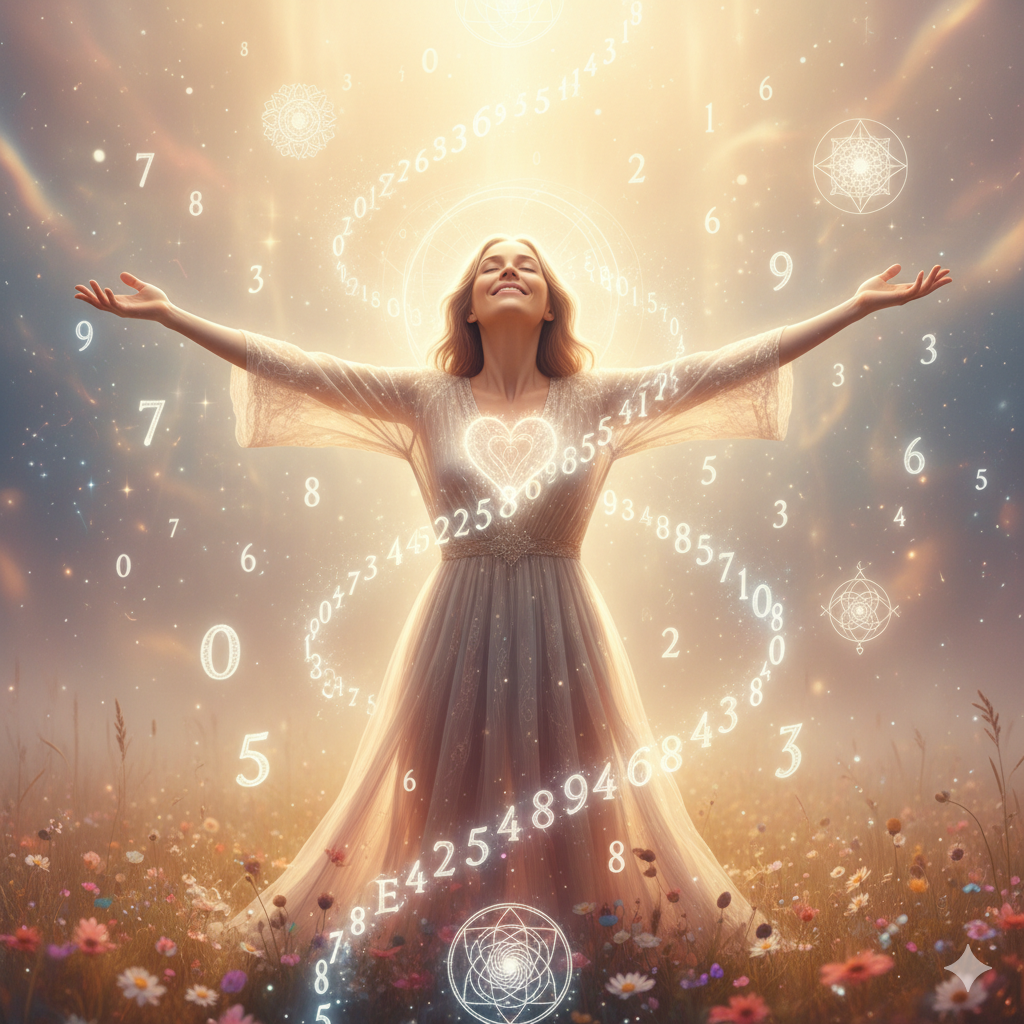 Frau im hellen, warmen Licht mit ausgebreiteten Armen in einem blühenden Blumenfeld, umgeben von schwebenden Zahlen und feinen Symbolen, als Sinnbild dafür, wie Numerologie (Seelen- und Lebenszahlen) zum inneren Erkennen und zur Entfaltung führen kann.